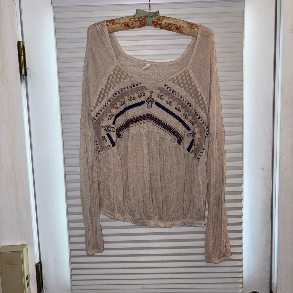 Urban Outfitters Beige and Navy Embroidered Blouse